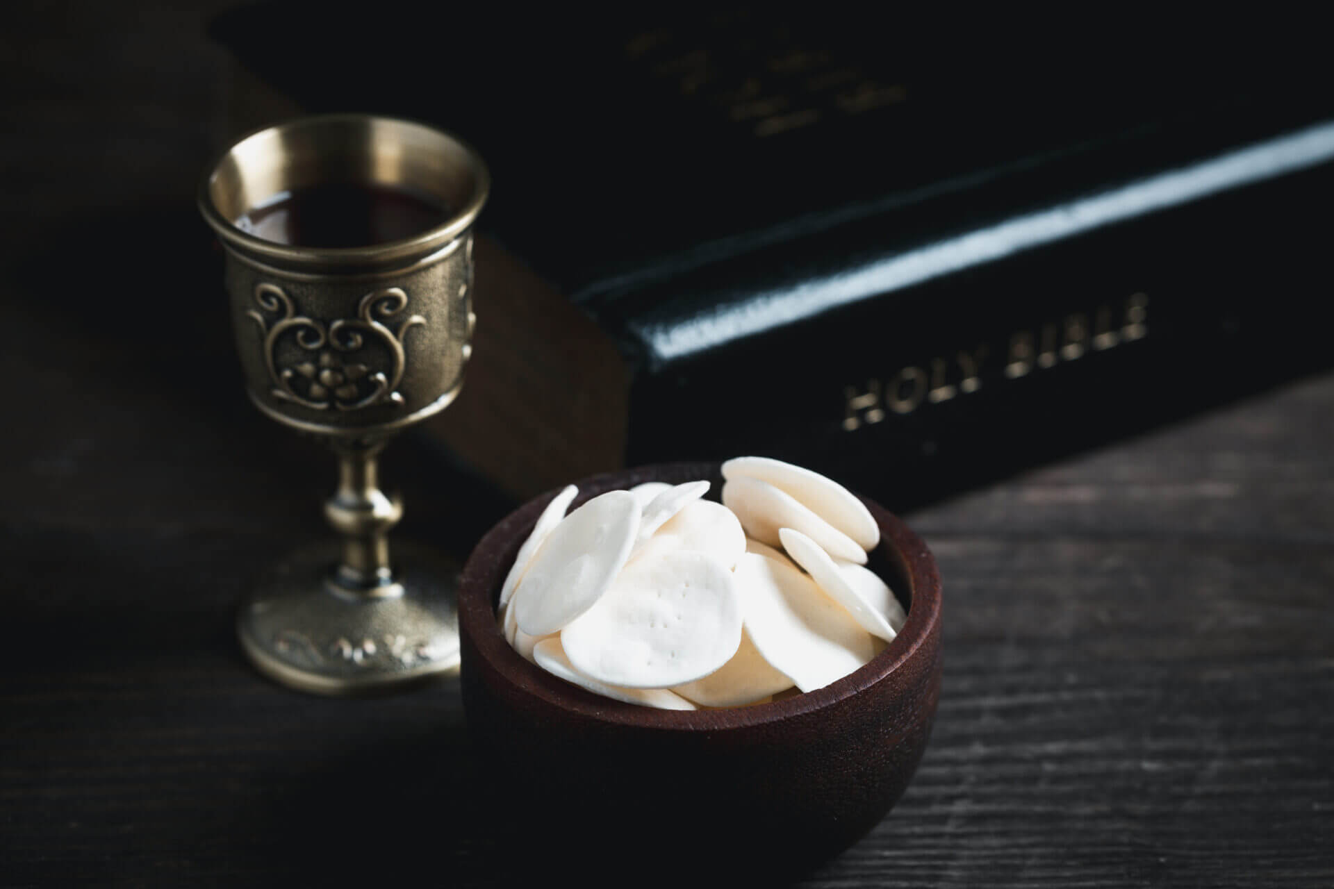 Concept Of Eucharist Or Holy Communion Of Christianity. Eucharist Is Sacrament Instituted By Jesus. During Last Supper With Disciples. Bread And Wine Is Body And Blood Of Jesus Christ Of Christians.